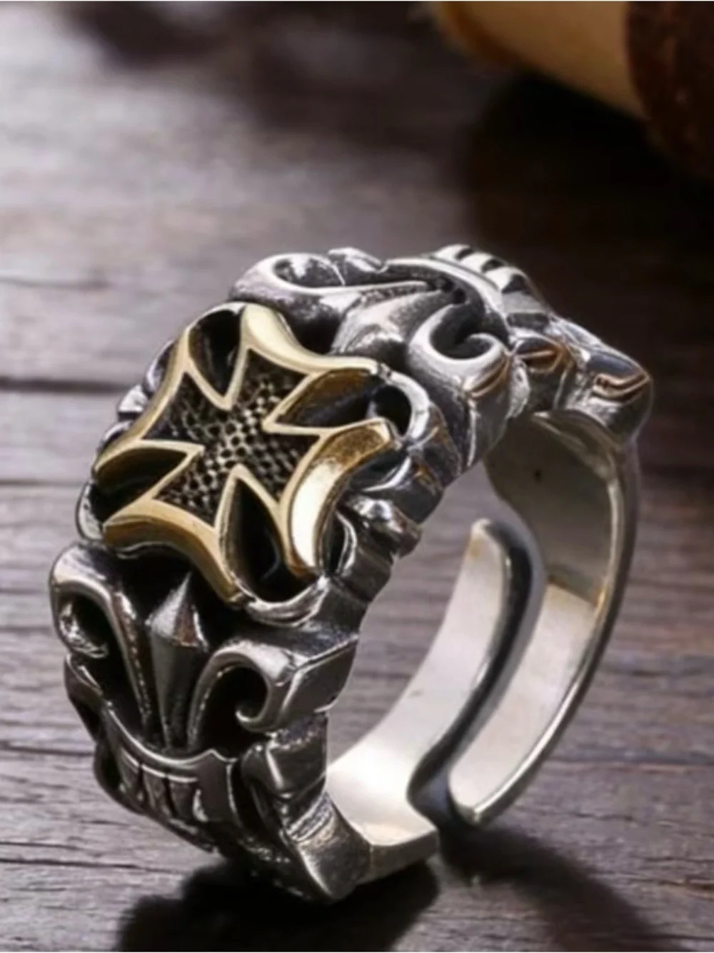 Men's Gothic Cross Two-Tone Stainless Steel Ring - Silver & Gold Adjustable 9-14